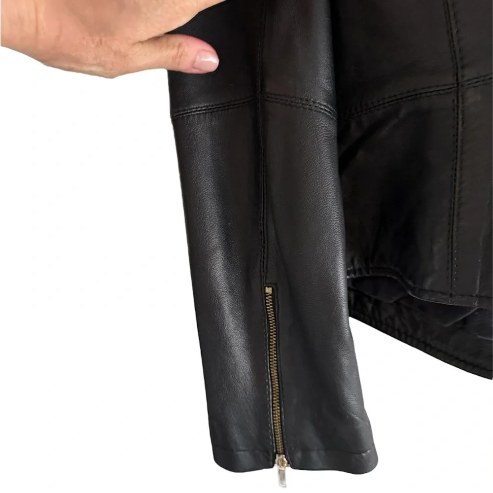 Zara Black Leather Women’s Zippered Moto Jacket, fitted, casual, stand collar, L - Picture 11 of 12